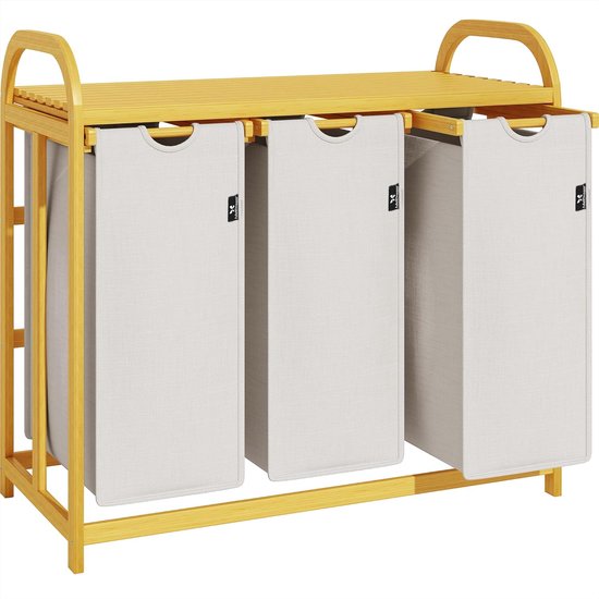 Wasmand met 3 vakken, bamboe, wasverzamelaar met wielen, wasrek, kleine zijzakken, afneembare wasbox voor slaapkamer, waskeuken, beige
