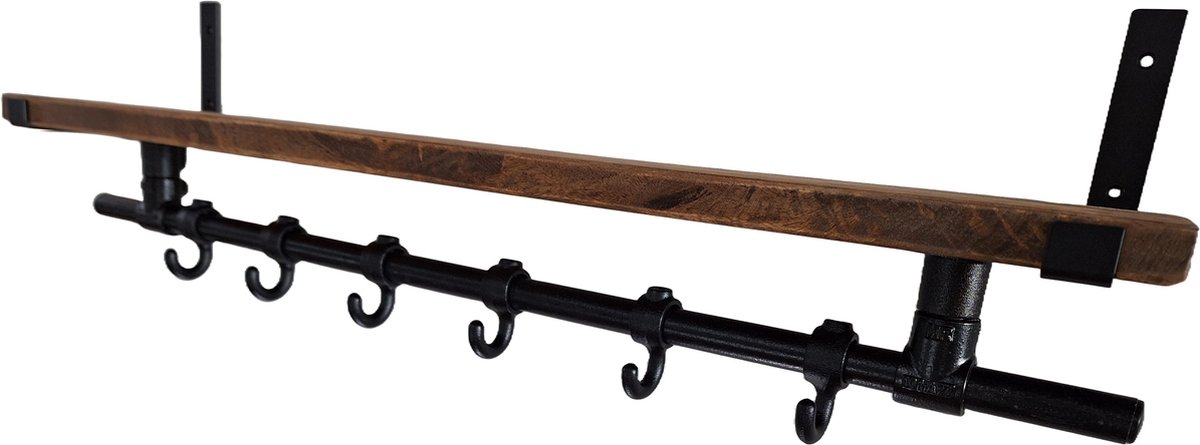 Hoexs - Wandkapstok Industrieel - Kapstok met Bovenplank - Mangohout - 90 Cm - 6 Haken - Metalen plankdragers Zwart - Decoratie - Inclusief Bevestiginsmateriaal