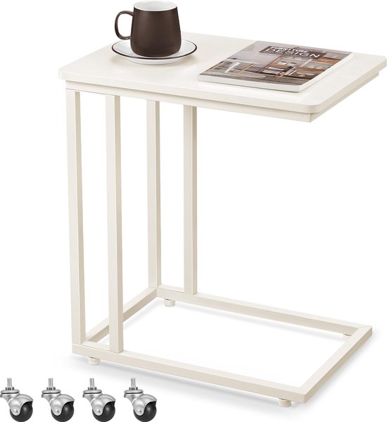 VASAGLE Table d'appoint, table basse, avec structure et roulettes en acier, montage facile, moderne, pour salon, chambre, balcon, blanc crème,