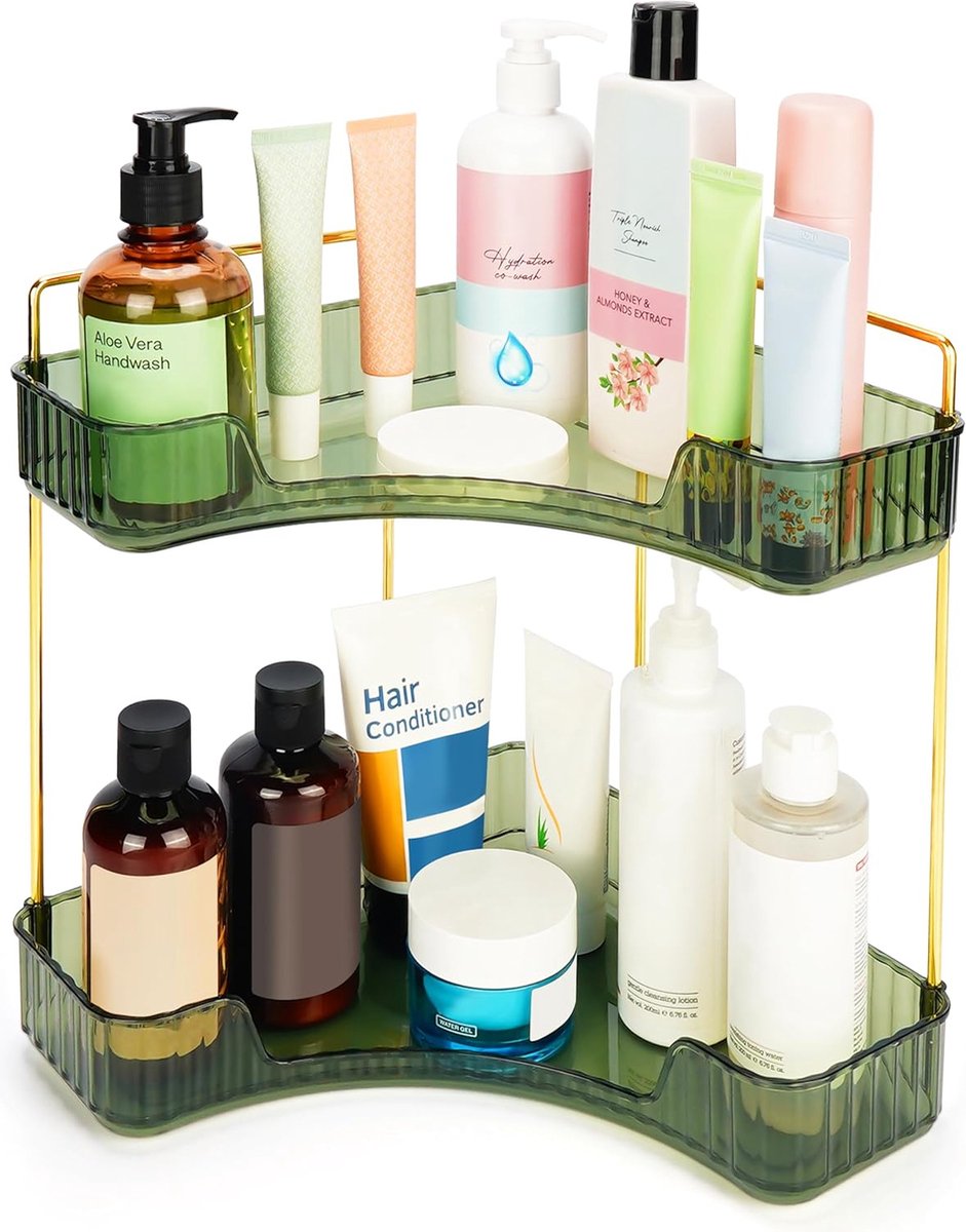 Goedkoopste Parfum- en make-up-organizer, opbergrek voor hoeken van 90 graden, badkamerorganizer met 2 niveaus, hoeketagère voor badkamerbenodigdheden, groen goud