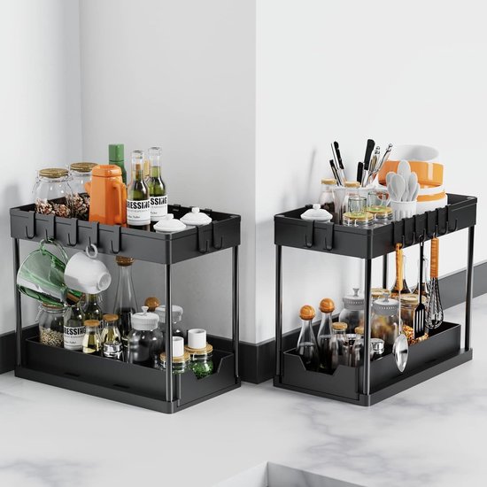 Onder de gootsteen organizer - 2 niveaus onder de gootsteen organizer kast uitrollen laden, uittrekbare keukenkast organizer voor koelkast, eten snack