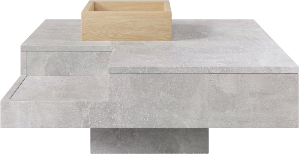 Merax Salontafel met Uitneembare Opbergbox - Tafel 72x72x30 cm - Betongrijs en Houtkleur