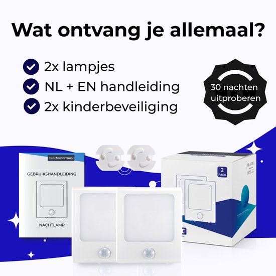 Night Light Power Socket Motion Sensor - Lumière pour Bébé, enfant, Adultes et chambre à coucher - Siècle des Lumières LED Wit chaud - 2 pièces + 2x Sécurité Kinder