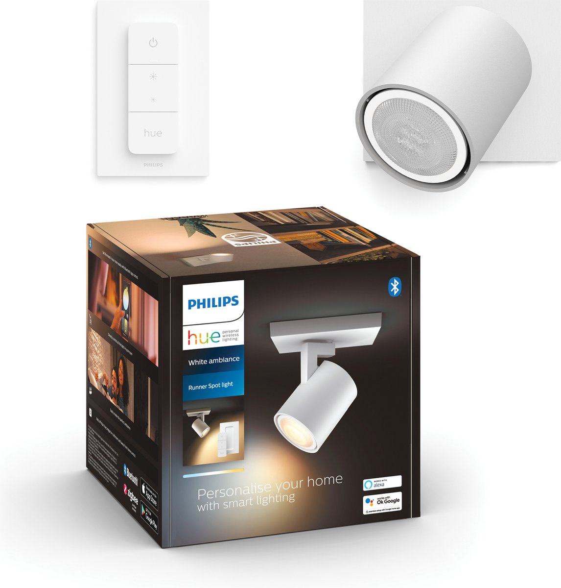 Philips Hue Runner opbouwspot - warm tot koelwit licht - 1-spot - wit - 1 dimmer switch — afbeelding 1