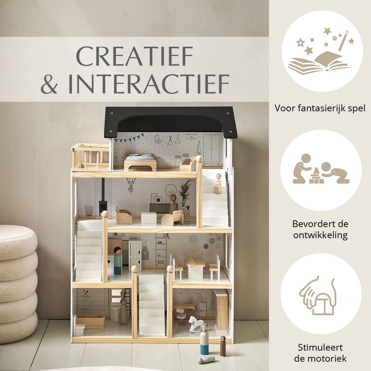 Petite Amélie Houten Poppenhuis - Zwart, grijs en wit - H.80 cm - Incl. 19 Poppenhuis Meubels – Voor een moderne speelwereld vol avonturen — afbeelding 6