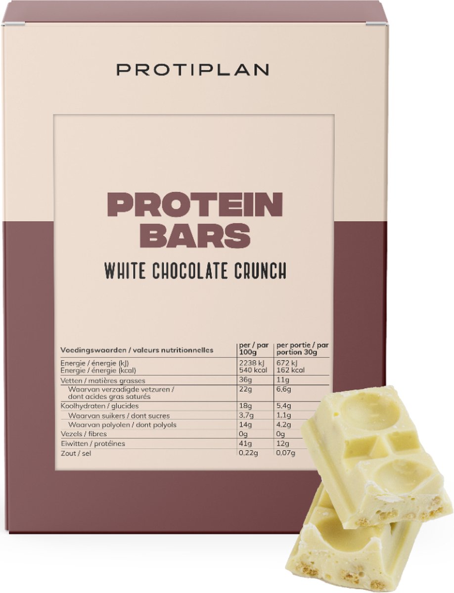 Goedkoopste Protiplan | Reep Witte Chocolade Crunch | 7 x 30 gram | Low carb snack | Eiwitrepen | Koolhydraatarme sportvoeding | Afslanken met Proteïne repen | Snel afvallen zonder hongergevoel!