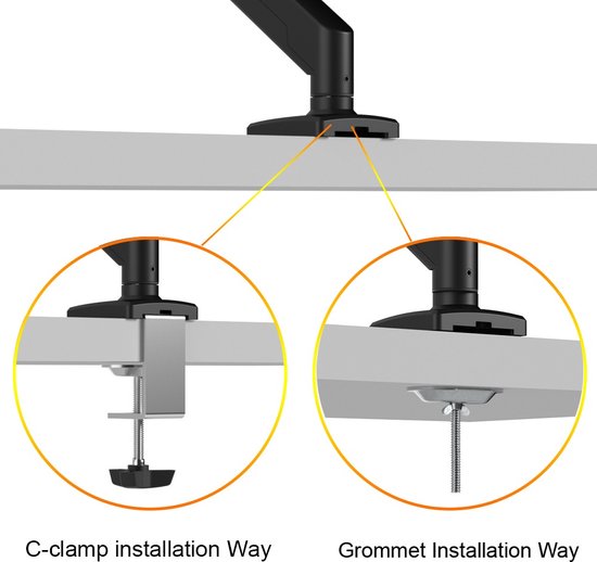 Illustratie van twee installatiemethoden voor een monitorarm: C-klem en doorvoertule.