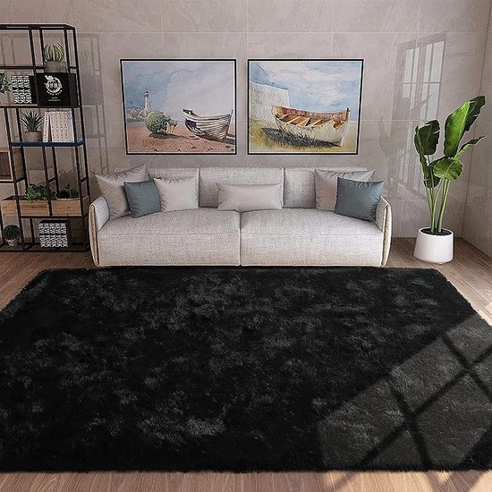 Hoogpolig tapijt super zacht langharig wollig tapijt voor een comfortabele plek in de woonkamer en slaapkamer fluffy vloerkleed voor kinderen (zwart 120 x 160 cm) Tapijt