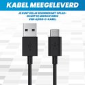 Zwarte USB-A naar USB-C kabel. "Kabel meegeleverd".
