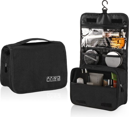 Trousse de toilette noire, fermée et ouverte avec des produits à l'intérieur et un crochet de suspension.