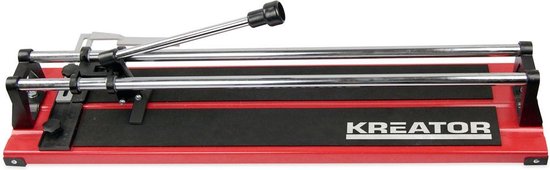 Kreator tegelsnijder met rood frame, zwarte antislipmat en chromen rails.