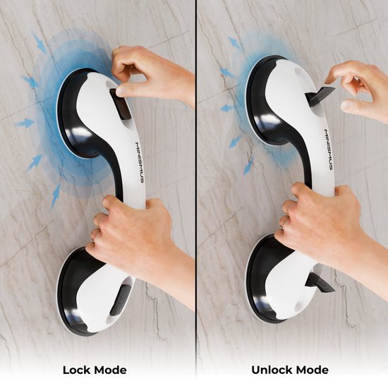 Twee afbeeldingen van de witte met zwarte handgreep op een muur, die de lock- en unlock-modus tonen.