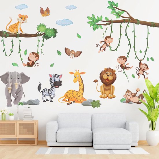 Muursticker voor kinderkamer met dieren, 2 kaarten, muursticker, jungle, babykamer, olifant, aap, giraf, leeuw, zebra, jungle, decoratie, kinderkamer, babykamer, slaapkamer, wanddecoratie