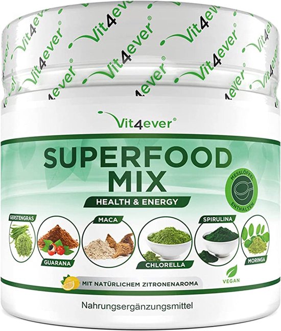 Green Juice Superfoods Mix – 420 gr poeder (shake) – met gerstengras, guarana, maca, chlorella, Spirulina, Moringa – 100% natuurlijke power smoothie – met citroenaroma – veganistisch | Vit4ever