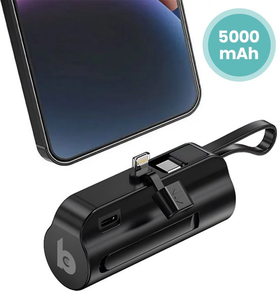 Banky - mini Powerbank - 22.5W Quick Charge - 5.000mAh - USB C Uitgang + Lightning kabel - snellader - nood pakket - geschikt voor iPhone Apple Samsung - sleutelhanger