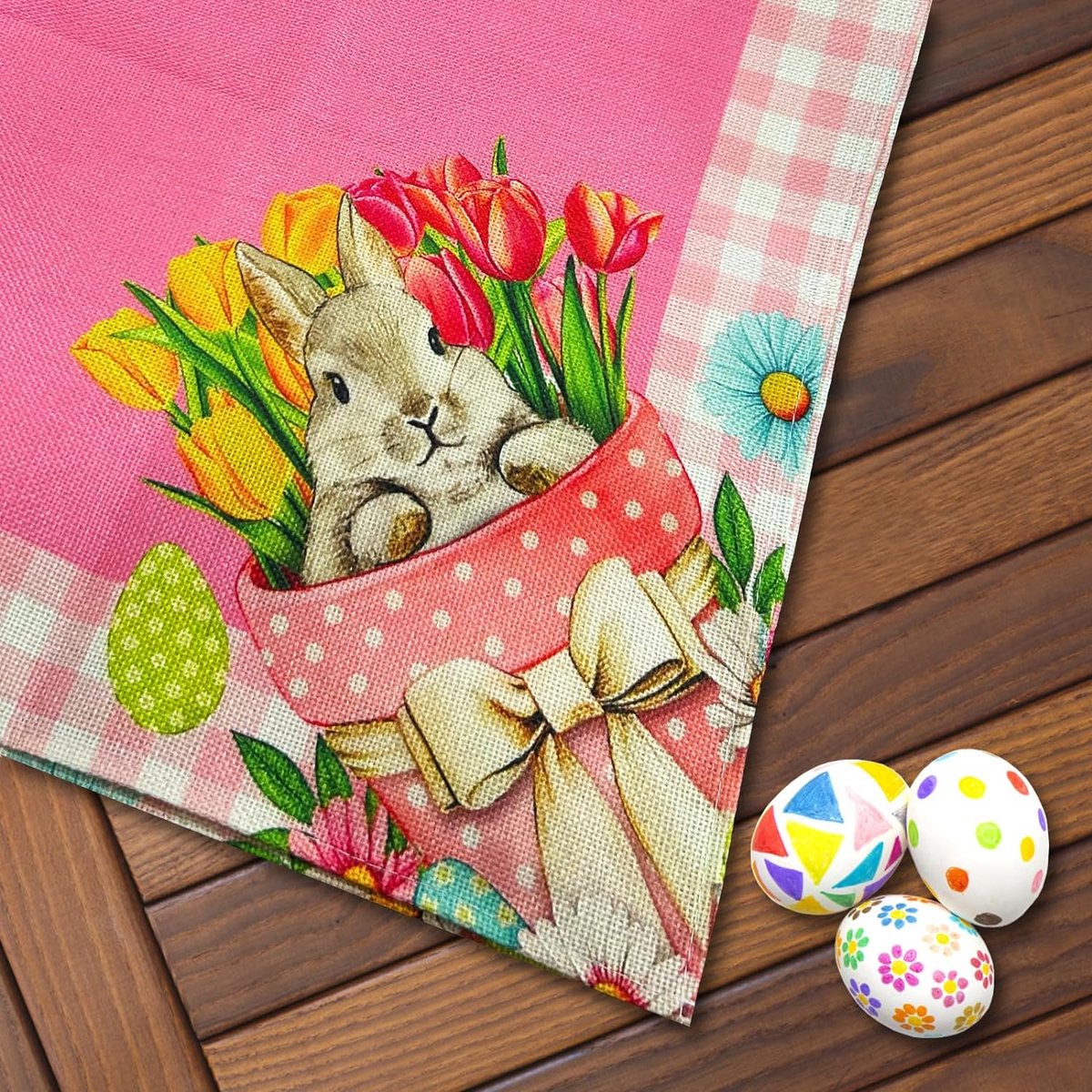 matches21 tafellopers/tafelkleed paashaas meisje Pasen haas voorjaar wit opdruk roze bont 40x90 cm 100% polyester