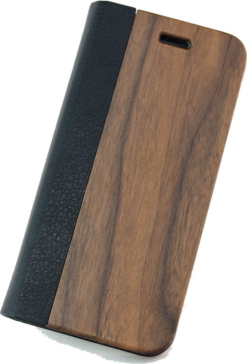 Houten design flip case, iPhone SE – Notenhout en leer