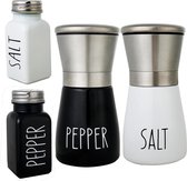 2-delige peper- en zoutmolenset + 2-delige peper- en zoutvaatset, 2-delige zout- en pepermolenset, originele zout- en pepermolenset in zwart en wit, (4-pack)