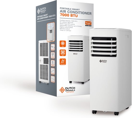 Dutch Orginials - Slimme Airconditioner - 7000 BTU - Airco op Wielen - 3 Functies - Koeler, Luchtontvochtiger, Ventilator - Voor Huis en Kantoor -25 - 30 m3 - Incl. Afstandsbediening -
