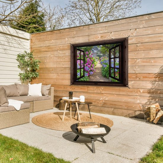 Tuinposter doorkijk bloemen - Donkerbruin raam - Tuindecoratie hortensia - 120x80 cm - Tuinschilderij voor buiten paars - Tuindoek - Wanddecoratie tuin - Schuttingdoek - Balkon decoratie - Muurdecoratie - Buitencanvas tuinversiering