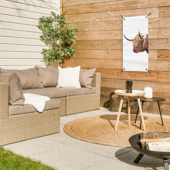 Tuinposter 30x60 cm - Tuindecoratie Schotse hooglander - Panter - Wit - Poster voor in de tuin - Buiten decoratie - Schutting tuinschilderij - Tuindoek muurdecoratie - Wanddecoratie balkondoek