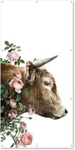 Schuttingposter Schotse hooglander - Koe - Bloemen - 100x200 cm - Tuindoek
