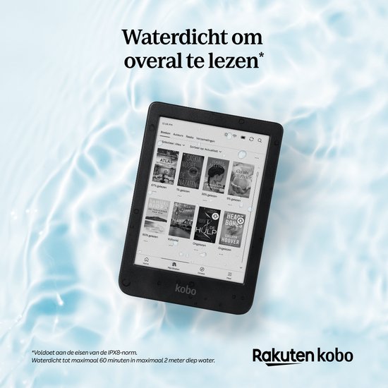 Kobo e-reader met boekenpagina's, omringd door water, toont waterdichtheid.