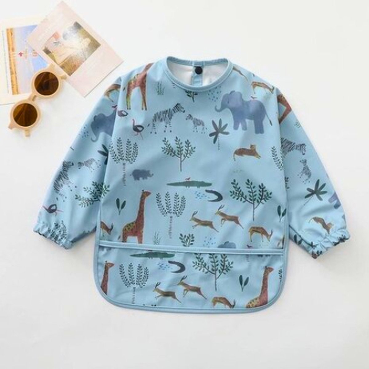 Baby Slab met Lange Mouwen - Blauw Safari Dieren - SMALL 1 t/m 2 Jaar - Kliederschort - Kinderslab met Mouwen - Verfschort voor Kinderen - Kinderschort met Lange Mouwen