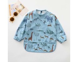 Baby Slab met Lange Mouwen - Blauw Safari Dieren - SMALL 1 t/m 2 Jaar - Kliederschort - Kinderslab met Mouwen - Verfschort voor Kinderen - Kinderschort met Lange Mouwen