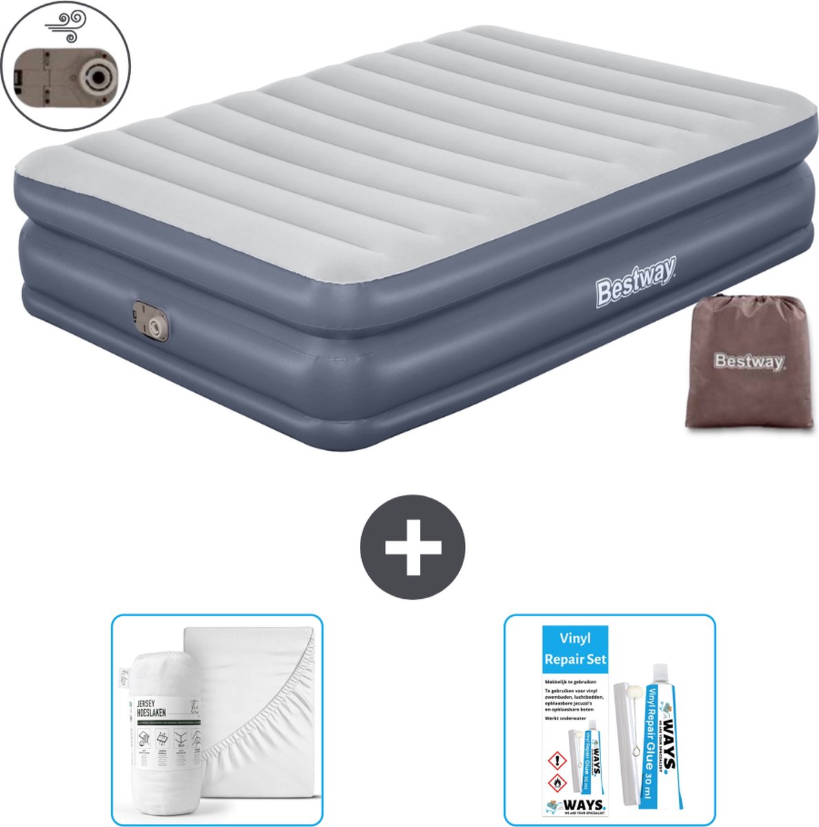 Bestway luchtbed - 2-Persoons - 152 x 203 x 51 cm - Grijs - - Inclusief pomp - Hoeslaken en Reparatieset