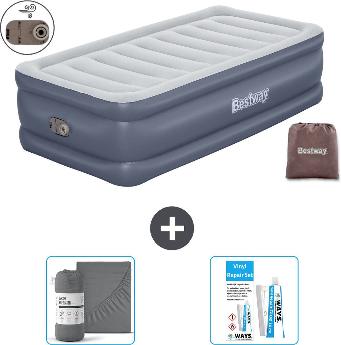 Bestway luchtbed - 1-Persoons - 97 x 191 x 51 cm - Grijs - Inclusief pomp - Hoeslaken en Reparatieset