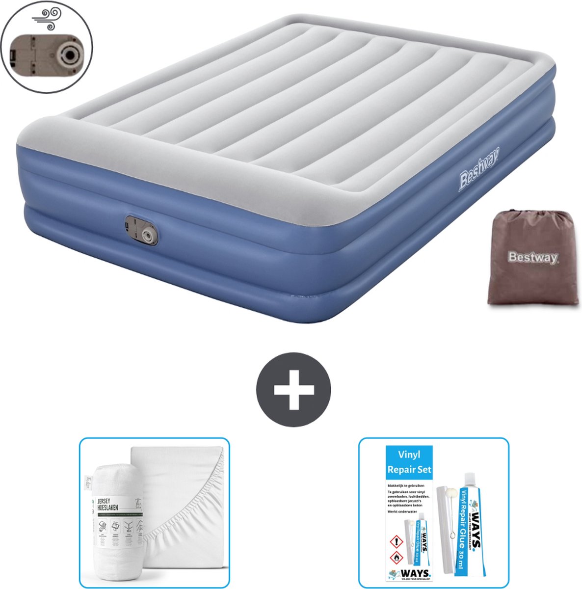 Bestway luchtbed - 2-Persoons - 152 x 203 x 46 cm - Grijs/Blauw - Inclusief pomp - Hoeslaken en Reparatieset