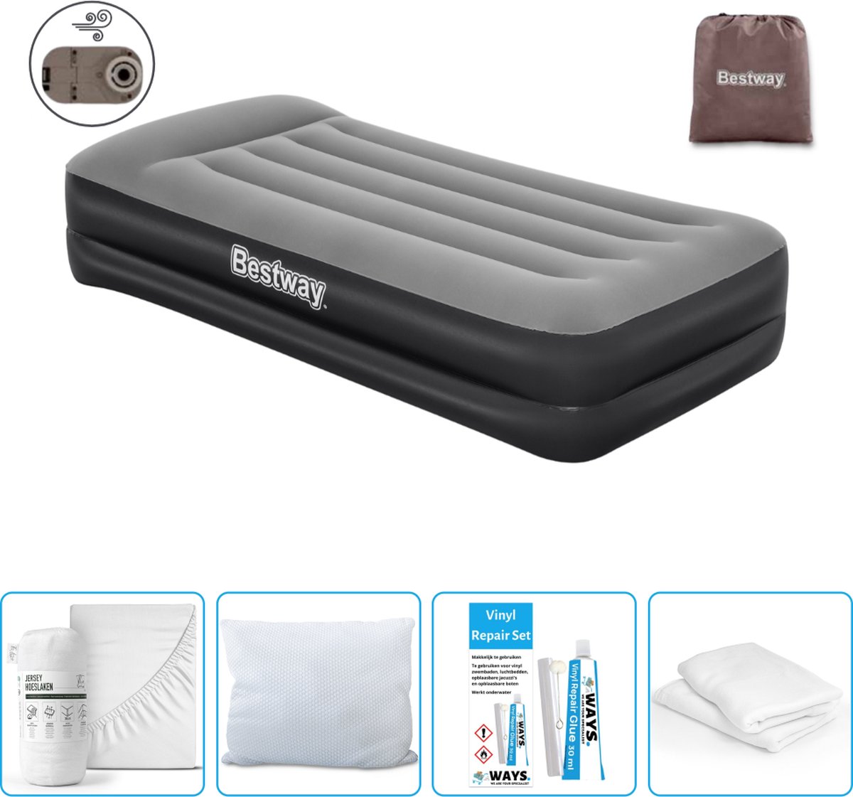 Bestway luchtbed - 1-Persoons - 97 x 191 x 46 cm - Grijs - Inclusief pomp - Hoeslaken - Kussen - Kussenbeschermer en Reparatieset