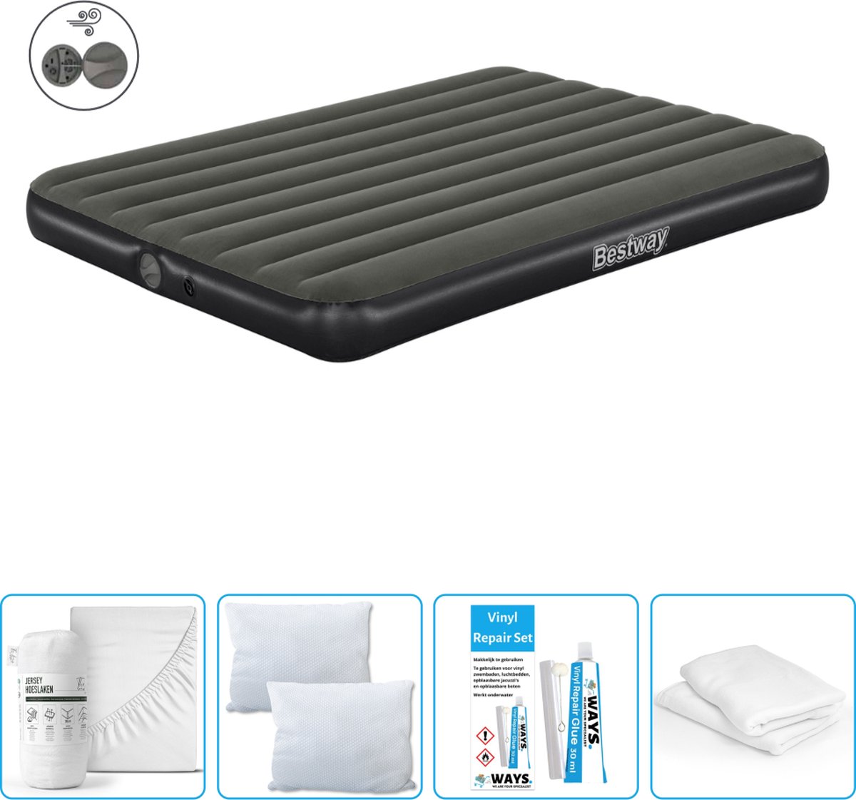Bestway luchtbed - 2-Persoons - 152 x 203 x 25 cm - Groen - Inclusief pomp - Hoeslaken - Kussen - Kussenbeschermer en Reparatieset
