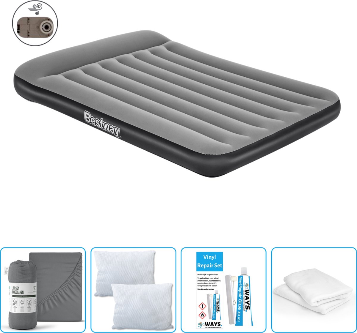 Bestway luchtbed - Twijfelaar - 137 x 191 x 30 cm - Grijs - Inclusief pomp - Hoeslaken - Kussen - Kussenbeschermer en Reparatieset