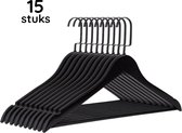 Eleganca luxe kleerhangers – Kledinghanger - 15 stuks - Behandeld hout - Multifunctionele kledinghanger - Gelakt - Met platte zwarte haak - Zwart - 45 x 26 cm