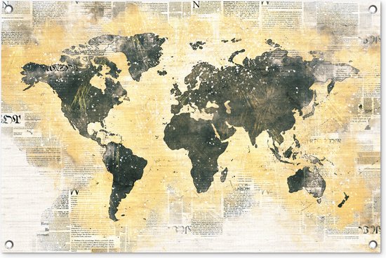 Posters de jardin extérieur Carte du Wereldkaart - Or - Journal - 90x60 cm - Toile de jardin
