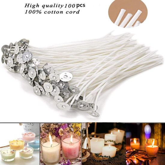 Lot De 100 Mèches De Bougie En Coton Naturel 20cm + 100 Autocollants Double Face + 1 Support En Acier Inoxydable - Pour Création Bougies Maison
