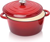 Oven Gietijzeren pan 28 cm, 6 qt, geëmailleerde braadpan met deksel, ovenbestendig voor keuken, bakken, smoren, geëmailleerde pot, stoofpot, gietijzer, kookpot inductie (email rood)