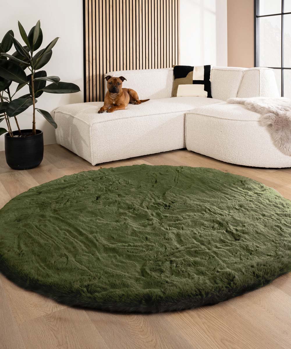 Fluffy vloerkleed rond - Comfy Deluxe olijfgroen 100 cm