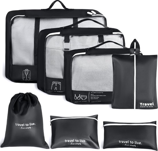 Kofferorganizerset, waterdichte reiskledingtassen, bagageorganizer met make-uptas, schoenentas, kledingtassen voor koffers (7 stuks, zwart)