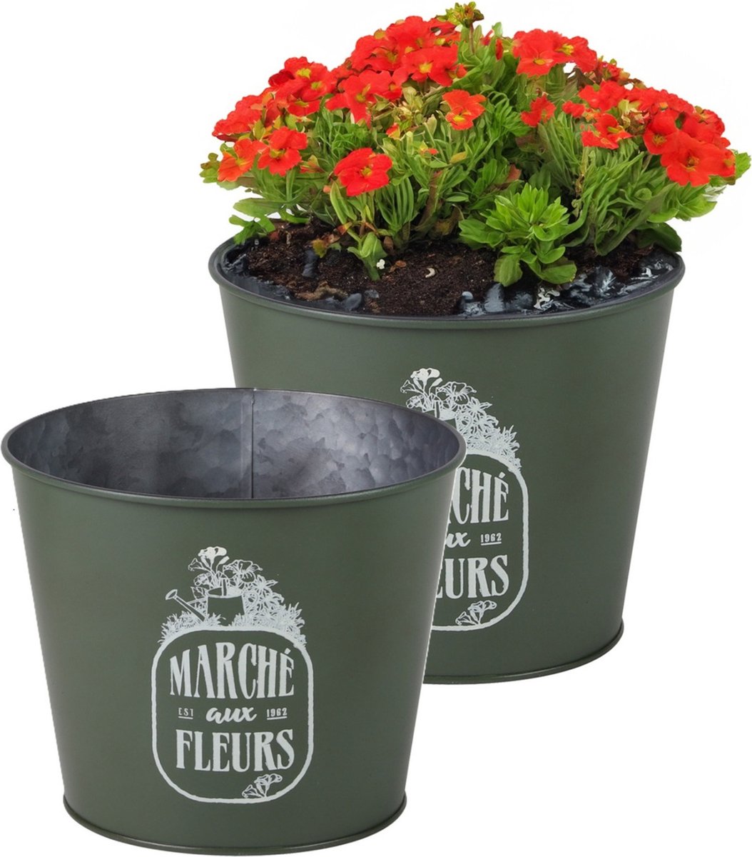 Goedkoopste Sunnydays /plantenpot/bloempot - 2x - zink - legergroen - D17 x H14 cm