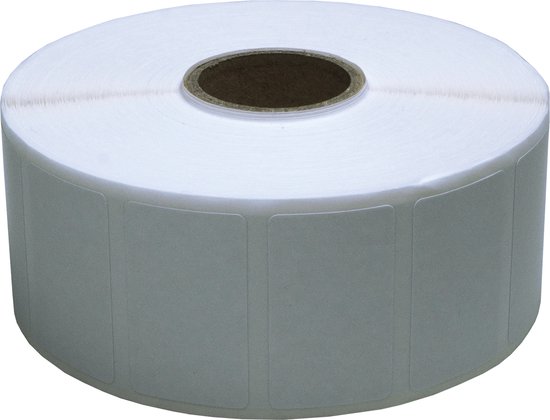 Een rol witte etiketten van DULA, permanent, 32 mm x 19 mm, met een kern van 25 mm.