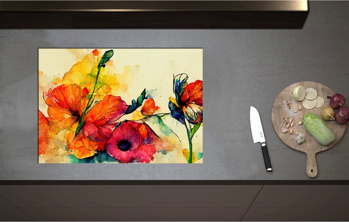 Inductieplaat Beschermer - Abstracte Bloemen in Verschillende Kleuren van Waterverf - 71x50 cm - 2 mm Dik - Inductie Beschermer - Bescherming Inductiekookplaat - Kookplaat Beschermer van Zwart Vinyl