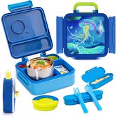 Lunchbox voor kinderen met compartimenten, thermische container voor voedsel, BPA-vrije lunchbox, lekvrij, lunchbox voor de kleuterschool, bentobox voor kinderen, lunchbox voor school met bestek & snackbox & tas (blauw)