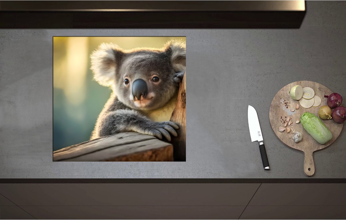 Inductieplaat Beschermer - Aandoenlijke Koala van Achter Boom - 58x55 cm - 2 mm Dik - Inductie Beschermer - Bescherming Inductiekookplaat - Kookplaat Beschermer van Wit Vinyl