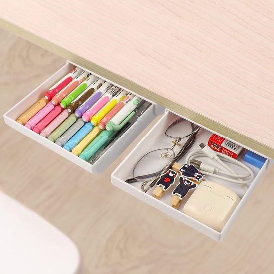 Foto: 2 pack onder bureaulade organizer uitschuifbare potloodhouder bureauladebevestiging kunststof bureauaccessoires en werkruimte organizer verborgen bureau organizer