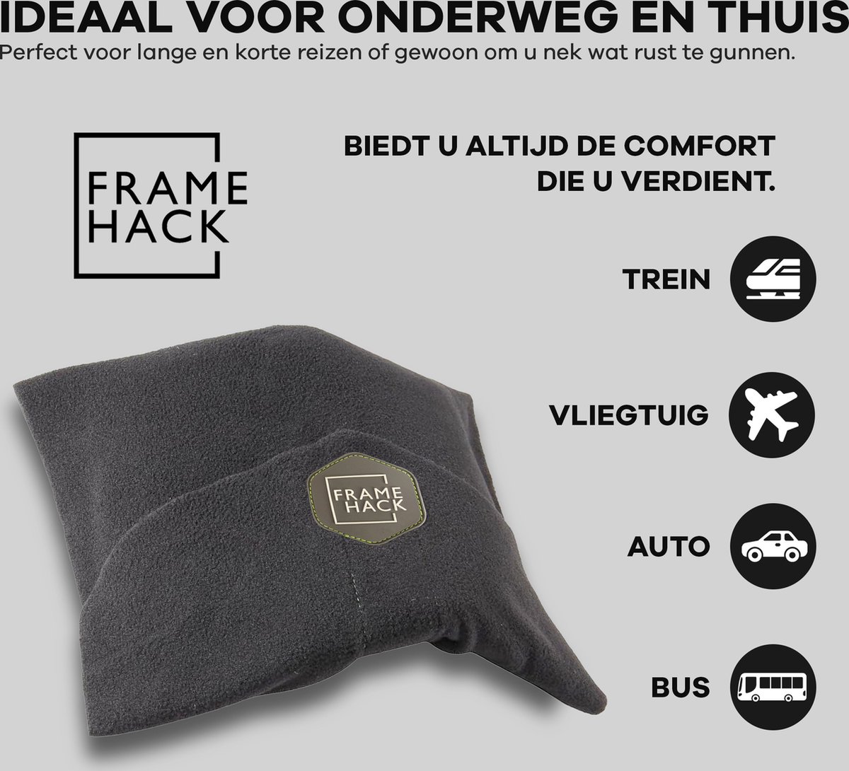 Bol.com Framehack - Zacht Travel Pillow Reiskussen - Neksteun Nek Support - Nekkussen - inclusief 3D slaapmasker & oordopjes – G... aanbieding