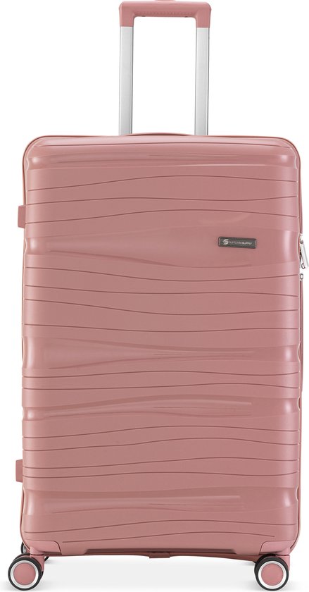 Roze koffer met golvend patroon en zilverkleurig handvat.