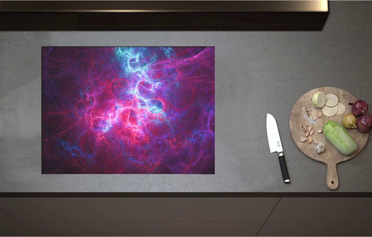Inductieplaat Beschermer - Abstracte Vormen en Figuren in Paars met Blauwe Kleuren - 70x52 cm - 2 mm Dik - Inductie Beschermer - Bescherming Inductiekookplaat - Kookplaat Beschermer van Wit Vinyl